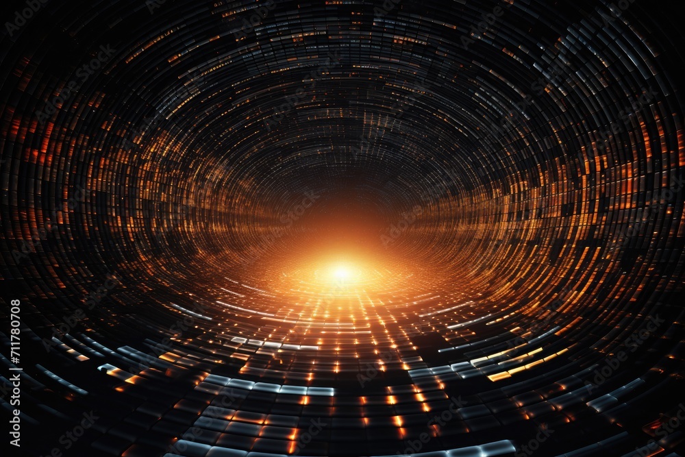 Experience the mesmerizing sight of a massive tunnel adorned with an abundance of captivating lights, Illusion of endless binary code creating a technological vortex, AI Generated Experience the mesmerizing sight of a massive tunnel adorned with an abundance of captivating lights, Illusion of endless binary code creating a technological vortex, AI Generated