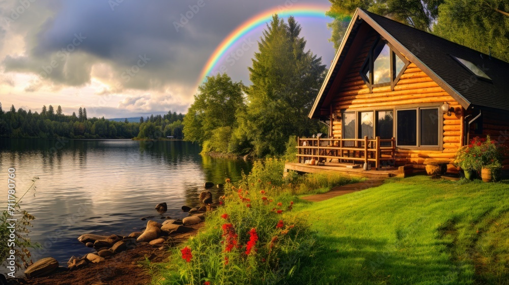 Fototapeta premium Rainbow framing a lakeside cabin