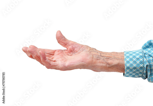Rheumatoid polyarthritis of the hand of a 95-year-old woman, isolated on a white background. Woman with outstretched hand.