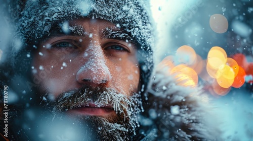 Close-Up, Man's Face Buffeted by Blowing Snow, Icicles Forming on Beard, Extreme cold in the city photo