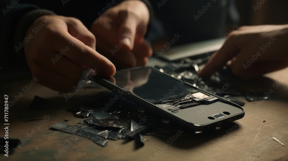 Hands of a technician repairing a damaged smartphone AI generated image