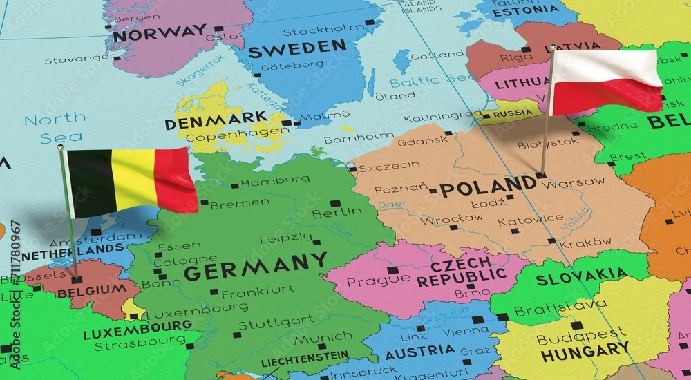 Naklejka premium Poland and Belgium - pin flags on political map - 3D illustration