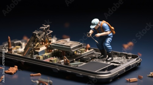 Miniature human technician Repairing a broken smartphone AI generated image
