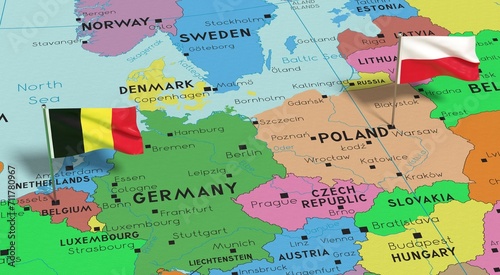 Poland and Belgium - pin flags on political map - 3D illustration
