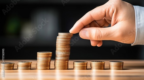 A businessman holds coins, and a graph shows financial success, investments, funds, and stock market concepts of interest rates and dividends.