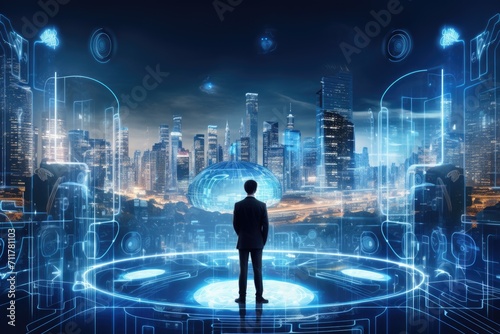 A man stands in awe before a stunning futuristic cityscape, with tall skyscrapers and advanced technology, Innovative futuristic business technologies concept, AI Generated