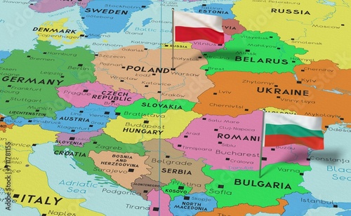 Poland and Bulgaria - pin flags on political map - 3D illustration
