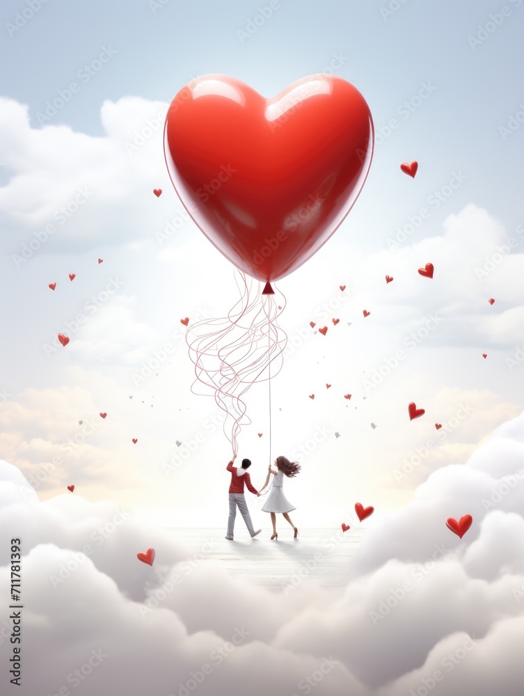 A man and a woman stand on the clouds and launch a large balloon in the shape of a heart. Falling in love, big love, Valentine's Day