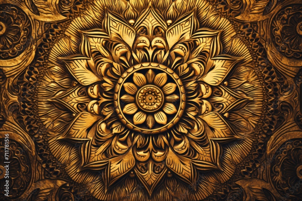 A stunning golden flower stands out against a captivating black backdrop, creating a vibrant and striking visual composition, Intricate mandala pattern in rustic gold, AI Generated