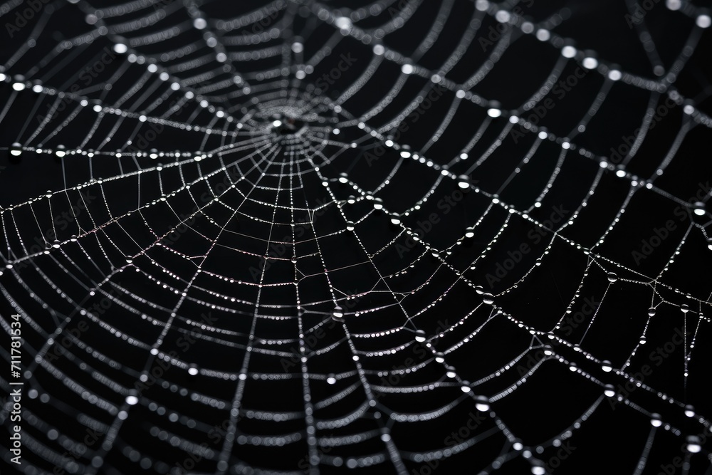 A detailed spider web shimmering with droplets of water, Intricate pattern of a spider web symbolizing web technologies, AI Generated