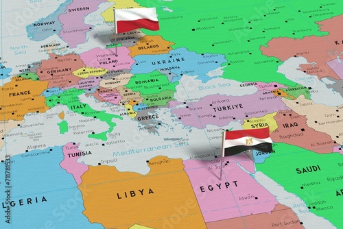 Poland and Egypt - pin flags on political map - 3D illustration