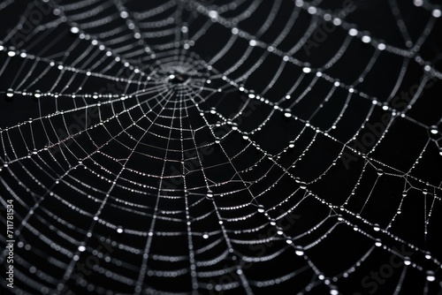 A detailed spider web shimmering with droplets of water, Intricate pattern of a spider web symbolizing web technologies, AI Generated