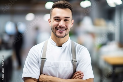 Confident Chef in a Bustling Kitchen Environment