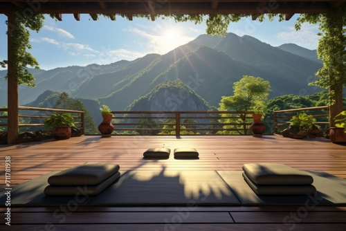 A yoga mat placed on a wooden deck with breathtaking mountains as the backdrop, Landscape view of a peaceful yoga retreat in the mountains, AI Generated