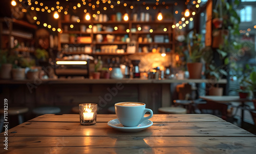Stunning coffee shop photograph featuring a cozy shelf and table setup, perfect for a cafe or restaurant decor, with a touch of magic in the background