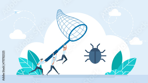 Bug, beetle. Find errors, software testing concept. Code and bug review, debugging, website testing, vulnerability identification and fixing. 
Cartoon minimal style. Vector illustration. 
