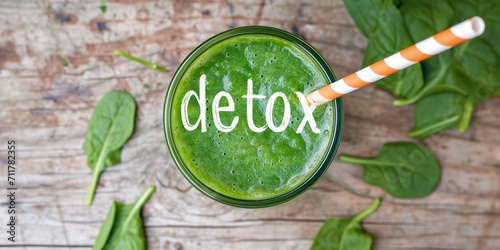 Green Smoothie with "detox" text. Greenery, Fruits. Raw eating. Body cleansing. Colorful Vegetarian juices. Healthy lifestyle. Eco-friendly. Farm. Healthy Food. Organic products. Proper nutrition