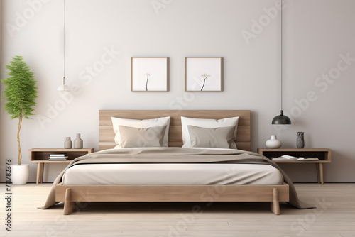Modern bedroom interior design. Minimal light bedroom interior with wooden bed and furniture, modern posters and potted plant © vejaa
