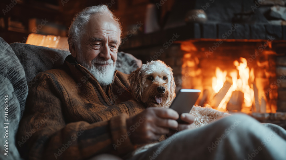 An elderly happy bearded man is sitting by the fireplace with his dog, holding a smartphone. Active age concept An elderly happy bearded man is sitting by the fireplace with his dog, holding a smartphone. Active age concept
