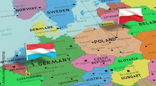 Poland and Luxembourg - pin flags on political map - 3D illustration