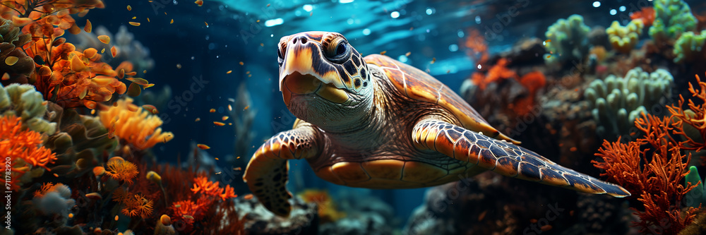 Obraz premium A turtle swims in the water.