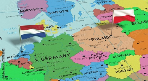 Poland and Netherlands - pin flags on political map - 3D illustration