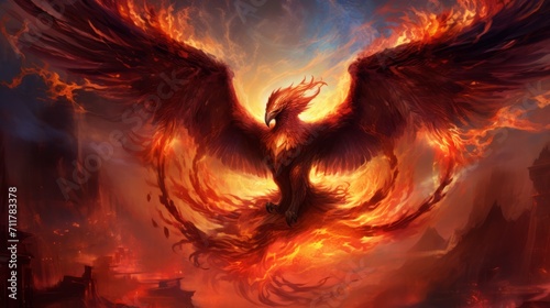 Crimson Phoenix spreads wings in a fiery fantasy landscape
