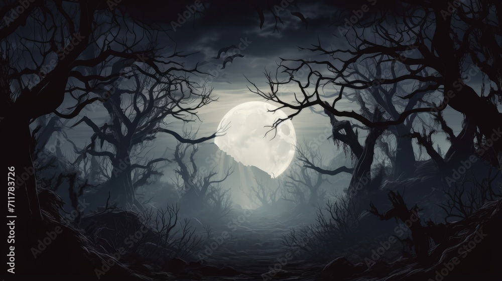 Dark forest with a full moon in the background