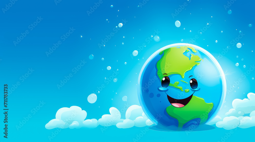 Cartoon planet earth smiling. On a blue background in the clouds. World environment day and Eco-friendly concept. Save the world illustration. Earth day post greeting. Free space for text, Copy Space Cartoon planet earth smiling. On a blue background in the clouds. World environment day and Eco-friendly concept. Save the world illustration. Earth day post greeting. Free space for text, Copy Space
