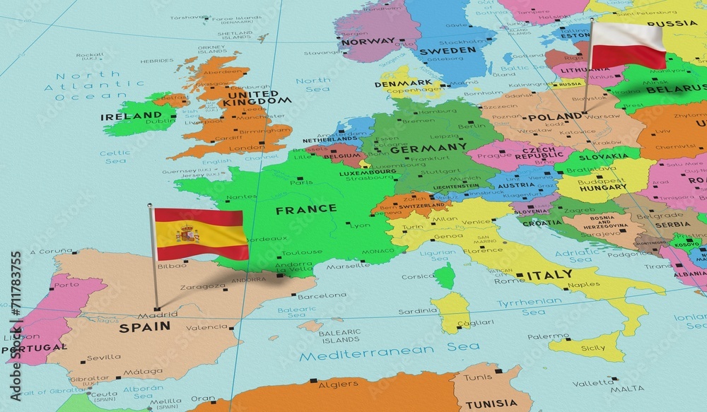 Fototapeta premium Poland and Spain - pin flags on political map - 3D illustration