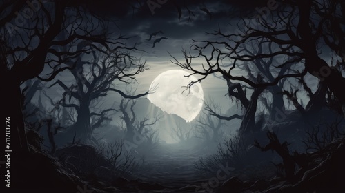 Dark forest with a full moon in the background © Cloudyew