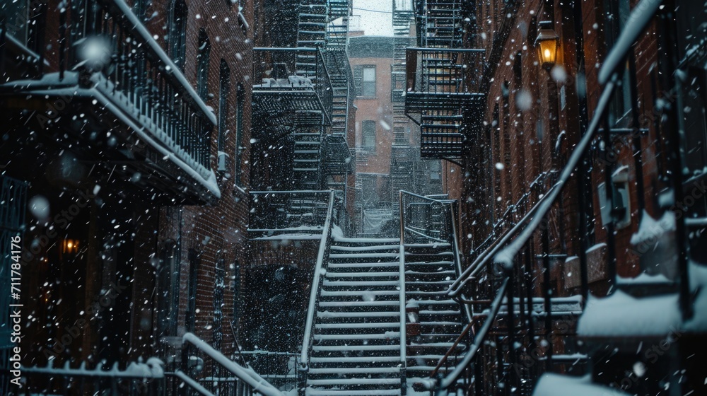 Snowbound Alleys, Close-Up of Fire Escape Stairs Laden with Snow, Old Brick Buildings in Soft Focus, Highlighting the Overlooked Corners of the City in Winter.