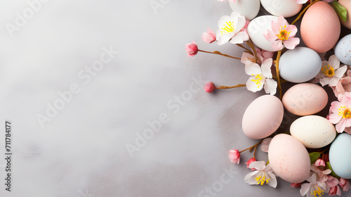 Easter eggs and flowers on gray background. Easter backdrop in pastel colors.