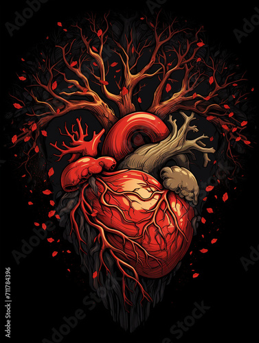 T-shirt design, a detailed anatomical heart that seamlessly transforms into a vibrant, thriving tree created with Generative Ai