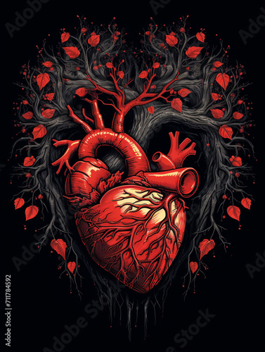 T-shirt design, a detailed anatomical heart that seamlessly transforms into a vibrant, thriving tree created with Generative Ai