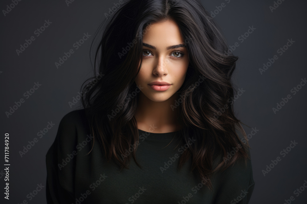 Portrait of a beautiful brunette woman with long hair on a gray background