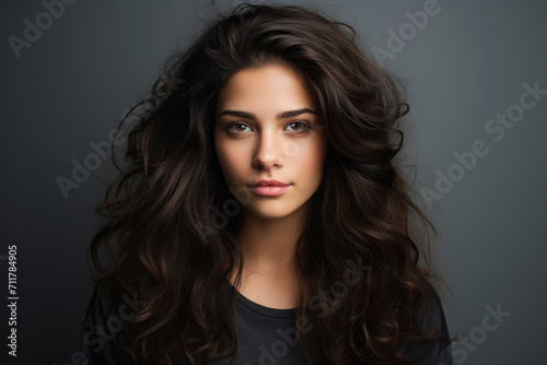 Portrait of a beautiful woman with dark hair on a gray background