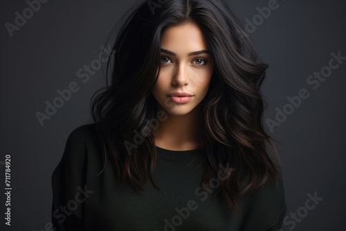 Portrait of a beautiful brunette woman with long hair on a gray background