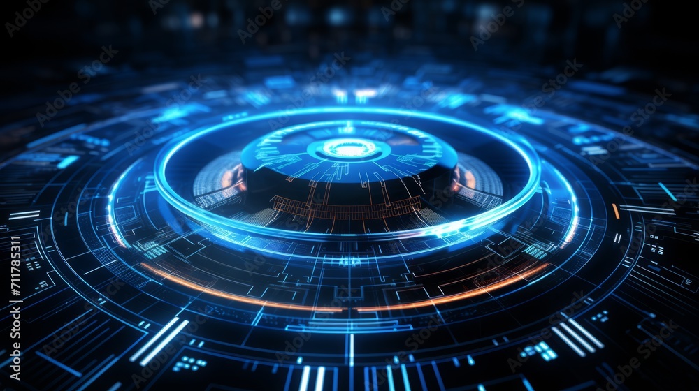 Futuristic blue and black background with a circular design