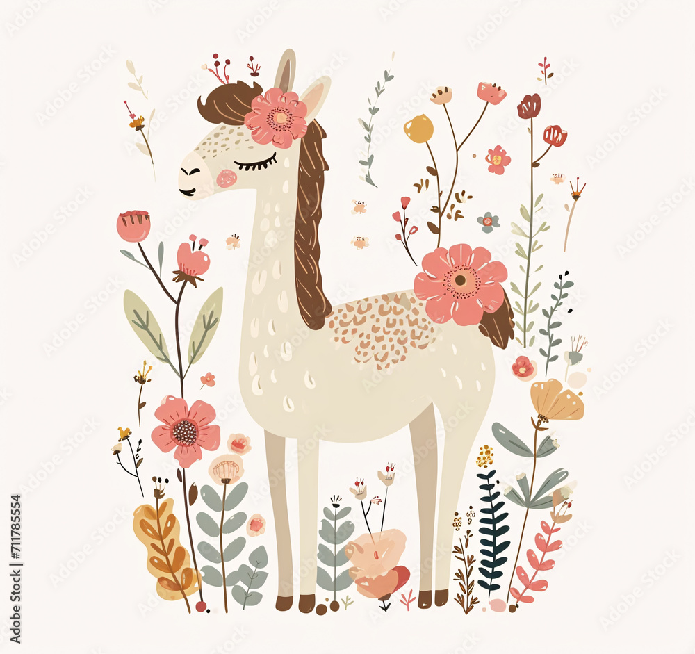Illustration of a cute llama surrounded by beautiful flowers in the garden Illustration of a cute llama surrounded by beautiful flowers in the garden