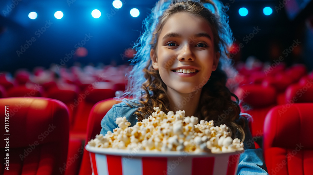 A teenage girl holds a large bucket of popcorn in a movie theater A teenage girl holds a large bucket of popcorn in a movie theater