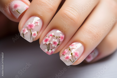 Woman's fingernails with seasonal spring cherry tree flower nail art design photo