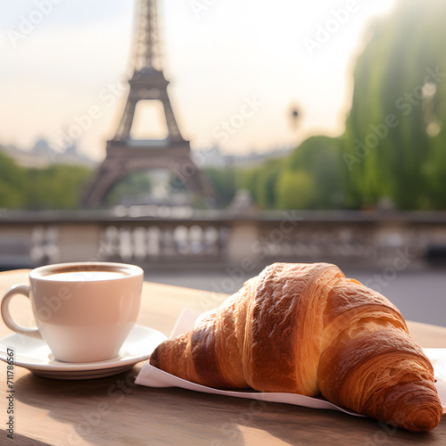 a croissant and a cup of coffee on a table © ion