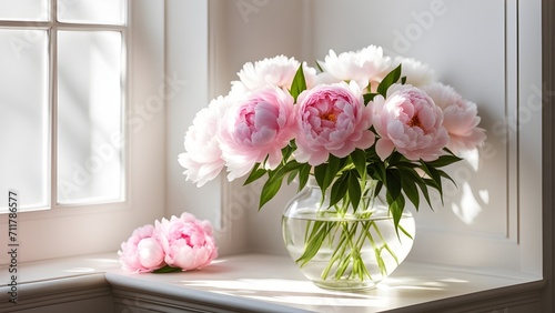 Bask in the beauty of pink and white peony flowers in a vase on a sunlit windowsill with a white background. Serene and elegant floral composition.