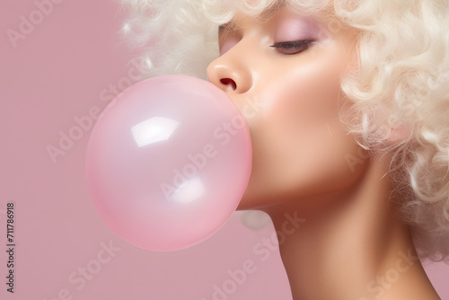 Blond woman blowing large bubblegum bubble in front of pink studio background © Firn