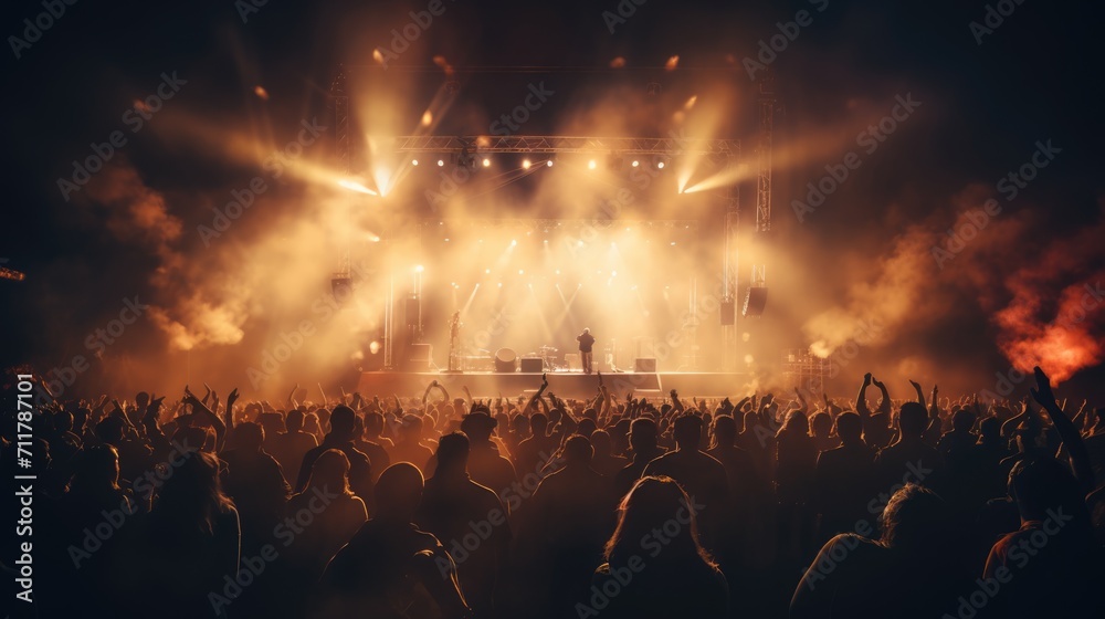 view from behind the public,Music concert in the night on stage, in the style of light sky-blue and dark gray