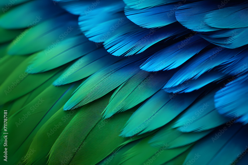 Fototapeta premium Close up of colorful blue and green feathers of exotic parrot bird