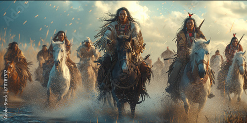 painting of a group of native american warriors riding into battle © meta-frames