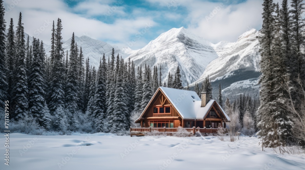 Cabin in the middle of a snowy forest Cabin in the middle of a snowy forest