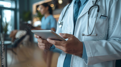 A healthcare professional in a white coat with a stethoscope using a digital tablet in a clinic close-up — commercial concept of digital health, healthcare, and modern medical technologies.